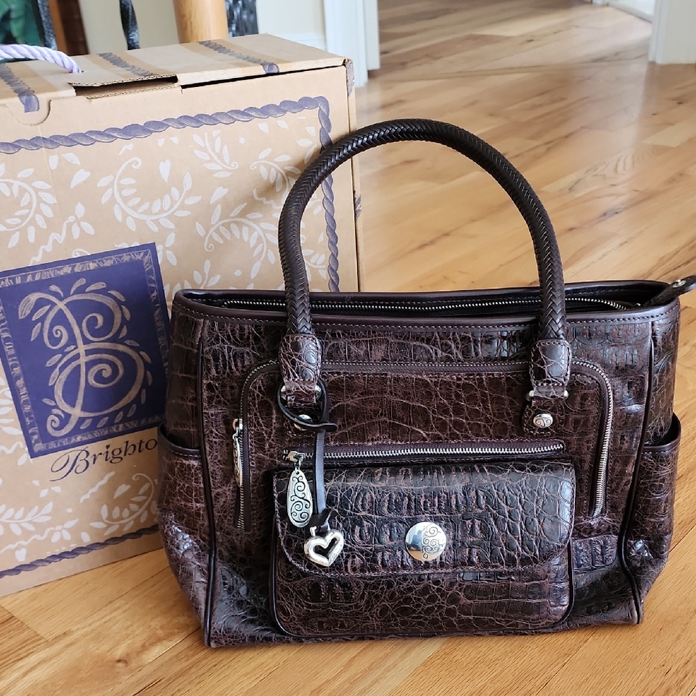 Brighton Dark Brown Croc-Embossed 16x11 Satchel